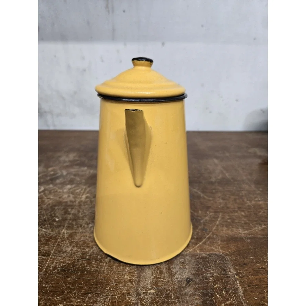 Vintage Huta Silesia Poland Yellow Enamelware Coffee Pot Kettle Black Trim